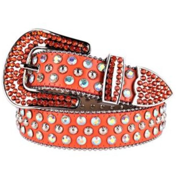 Rhinestone Belt–SUN030–Orange Belt, Multi-Colored Rhinestones & Silver Studs - Picture 3 of 6